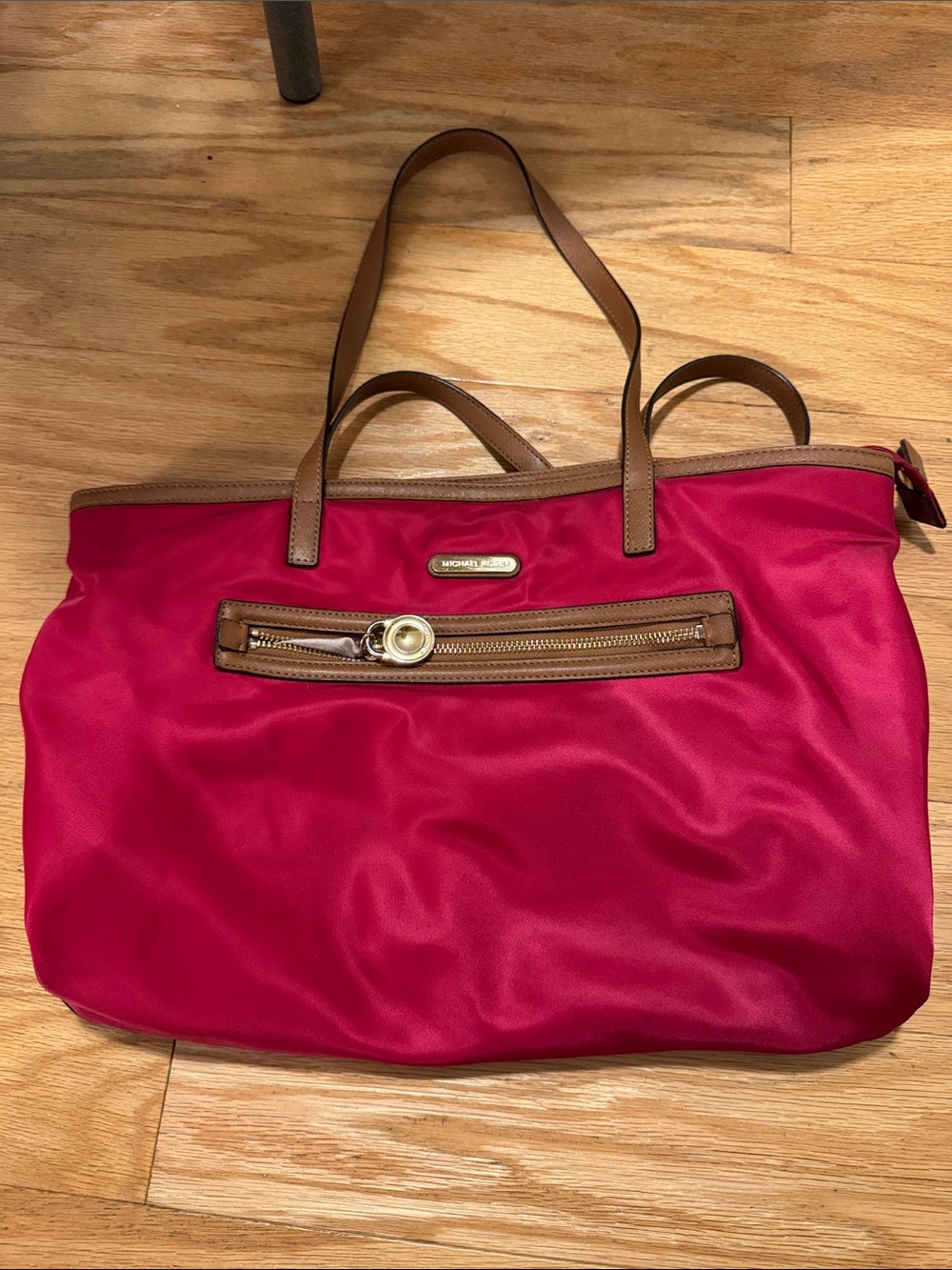 Michael Kors Hot Pink Nylon Tote with Brown Trim